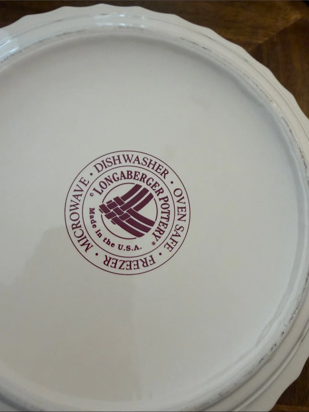Longaberger Cream Ceramic Serving Bowl with Maroon Accent